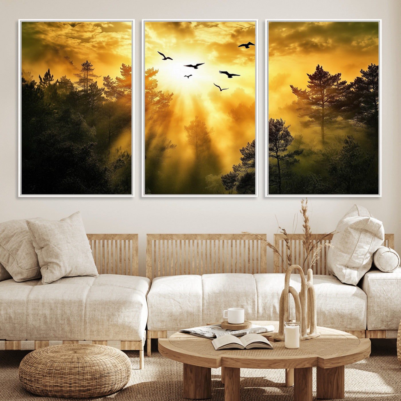 13776802-MGV-CV-36X24-Golden Forest Wall Art Canvas Print, Framed Sunset Pines Art Picture Print, Flying Birds Perfect Nature Glow Decor Artwork
