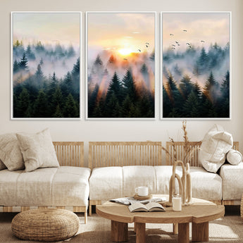 56391411-MGV-FC-60X30-3P_White-Misty Forest Wall Art Canvas Print, Framed Sunrise Pines Art Picture Print, Moody Pines Perfect Serene Woodland Decor Artwork