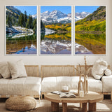 87724099-MGV-FC-60X30-3P_White-Maroon Bells Wall Art Canvas Print, Framed Snowy Mountains Art Picture Print, Pine Forest Perfect Vibrant Alpine Decor Artwork