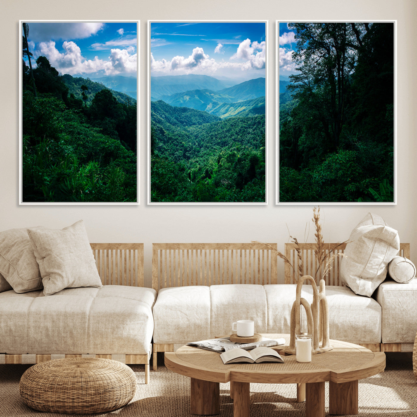 74439378-MGV-FC-60X30-3P_White-Tropical Jungle Wall Art Canvas Print, Framed Lush Valley Art Picture Print, Forest Mountains Perfect Tropical Wilderness Decor