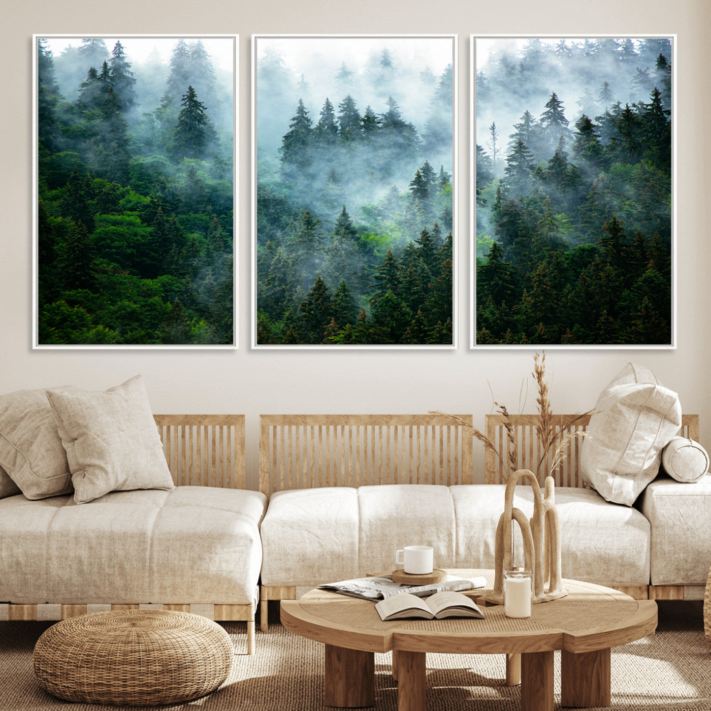 17393683-MGV-FC-60X30-3P_White-Misty Forest Art Wall Art Canvas Print, Framed Foggy Mountain Art Art Picture Print, Scenic Wall Print Perfect Decor Artwork