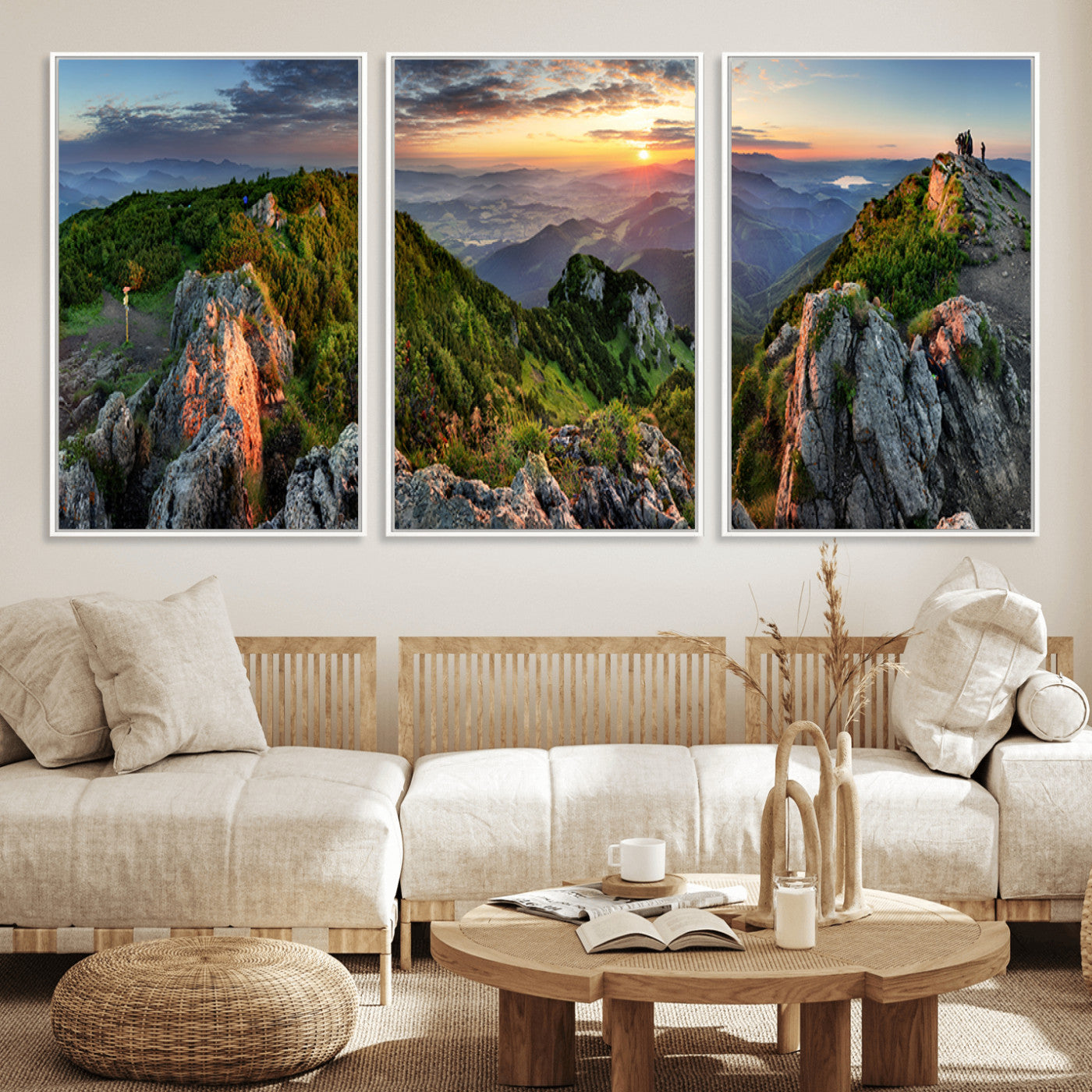 51582565-MGV-FC-60X30-3P_White-Mountain Sunrise Panorama Wall Art – Scenic Landscape Canvas Print, Hiking Adventure Nature Photography, Large Mountain Range Wall