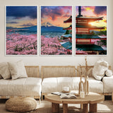 32331262-MGV-FC-60X30-3P_White-Mount Fuji Japan Wall Art – Cherry Blossom Landscape Canvas Print, Chureito Pagoda Sunset Photography, Japanese Nature Travel