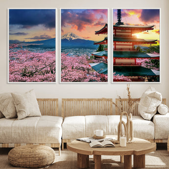 32331262-MGV-FC-60X30-3P_White-Mount Fuji Japan Wall Art – Cherry Blossom Landscape Canvas Print, Chureito Pagoda Sunset Photography, Japanese Nature Travel