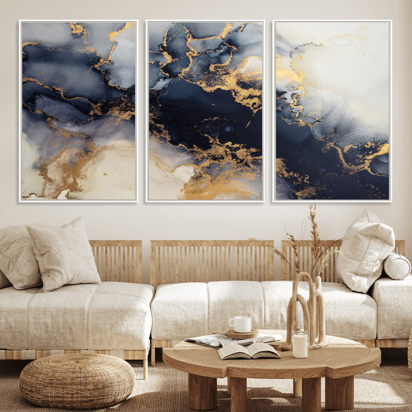 41136487-MGV-FC-60X30-3P_White-Black Marble Wall Art Canvas Print, Framed Gold Veins Art Picture Print, Abstract Texture Perfect Moody Luxe Decor Artwork