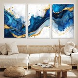 33506371-MGV-CV-36X24-Blue Marble Wall Art Canvas Print, Framed Gold Splash Art Picture Print, Abstract Wave Perfect Modern Luxe Decor Artwork