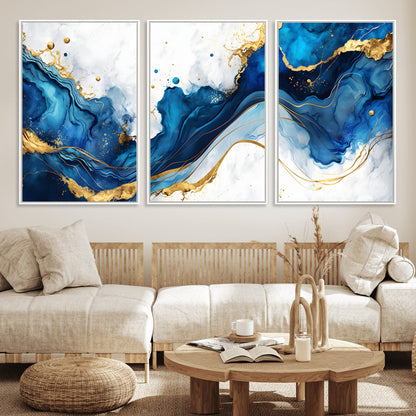 33506371-MGV-CV-36X24-Blue Marble Wall Art Canvas Print, Framed Gold Splash Art Picture Print, Abstract Wave Perfect Modern Luxe Decor Artwork
