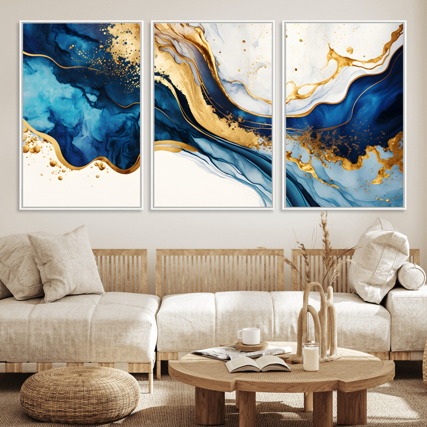 60283636-MGV-CV-36X24-Blue Gold Flow Wall Art Canvas Print, Framed Marble Texture Art Picture Print, Elegant Splash Perfect Elegant Abstract Decor