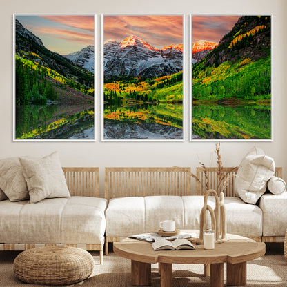 59533484-MGV-FC-60X30-3P_White-Maroon Bells Autumn Wall Art – Panoramic Mountain Landscape Canvas Print, Sunset Reflection Nature Artwork for Living Room, Office
