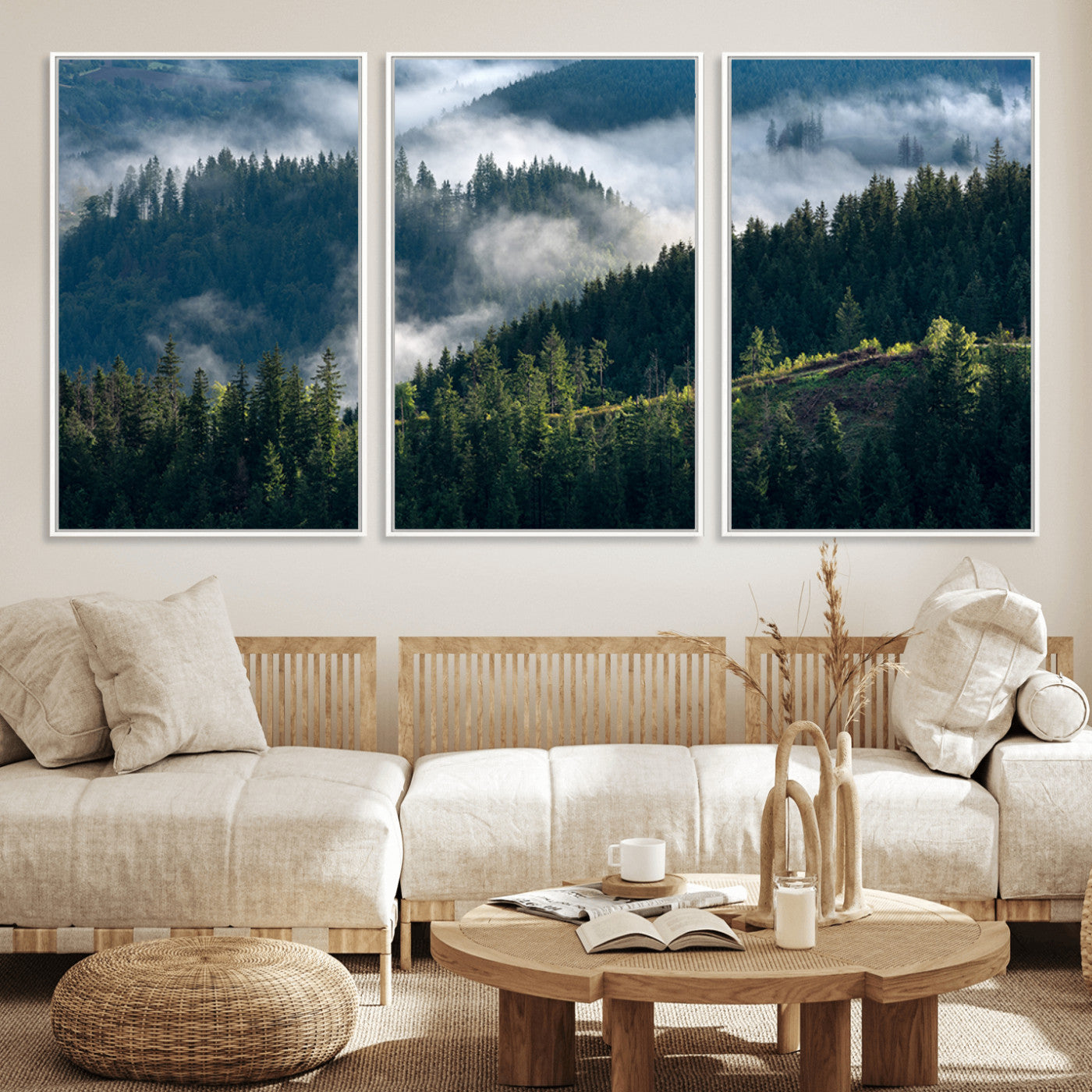 84598503-MGV-FC-60X30-3P_White-Misty Forest Wall Art Canvas Print, Framed Pine Hills Art Picture Print, Moody Hills Perfect Moody Woodland Decor Artwork