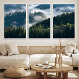 84598503-MGV-FC-60X30-3P_White-Misty Forest Wall Art Canvas Print, Framed Pine Hills Art Picture Print, Moody Hills Perfect Moody Woodland Decor Artwork