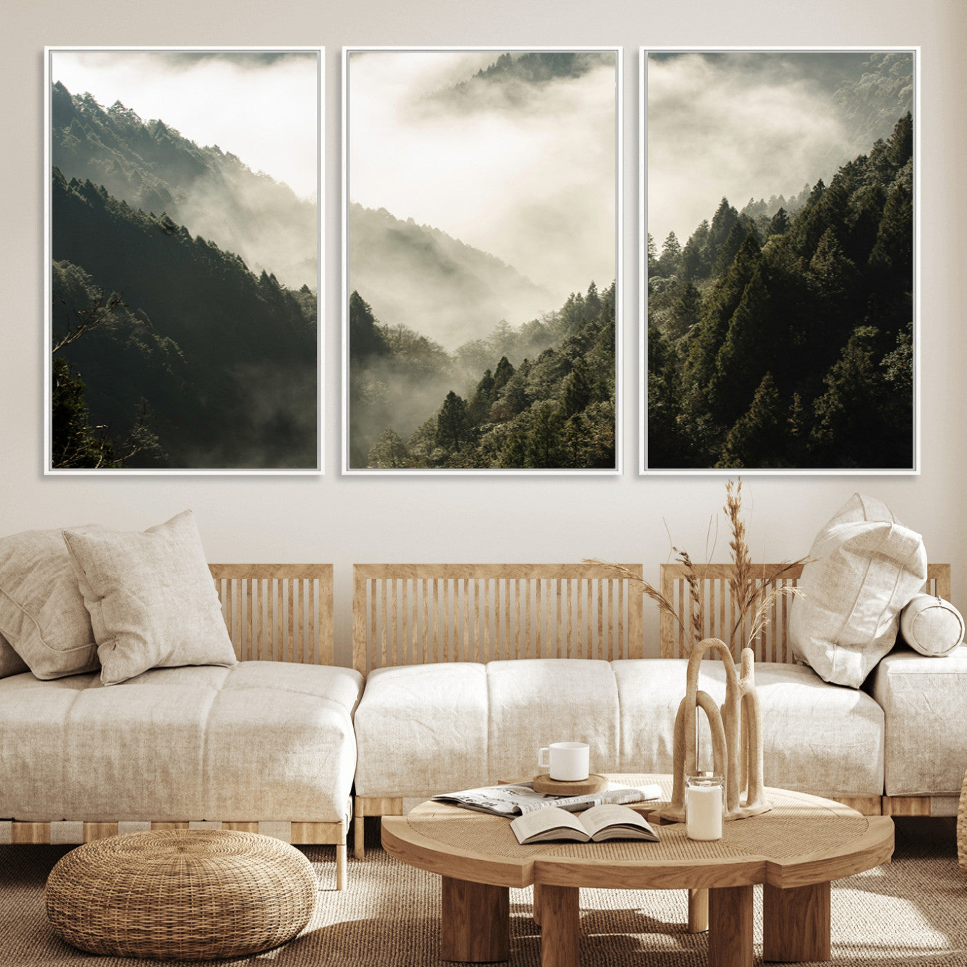 57570237-MGV-FC-60X30-3P_White-Misty Valley Wall Art Canvas Print, Framed Foggy Forest Art Picture Print, Pine Trees Perfect Moody Woodland Decor Artwork