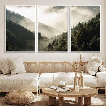 57570237-MGV-FC-60X30-3P_White-Misty Valley Wall Art Canvas Print, Framed Foggy Forest Art Picture Print, Pine Trees Perfect Moody Woodland Decor Artwork