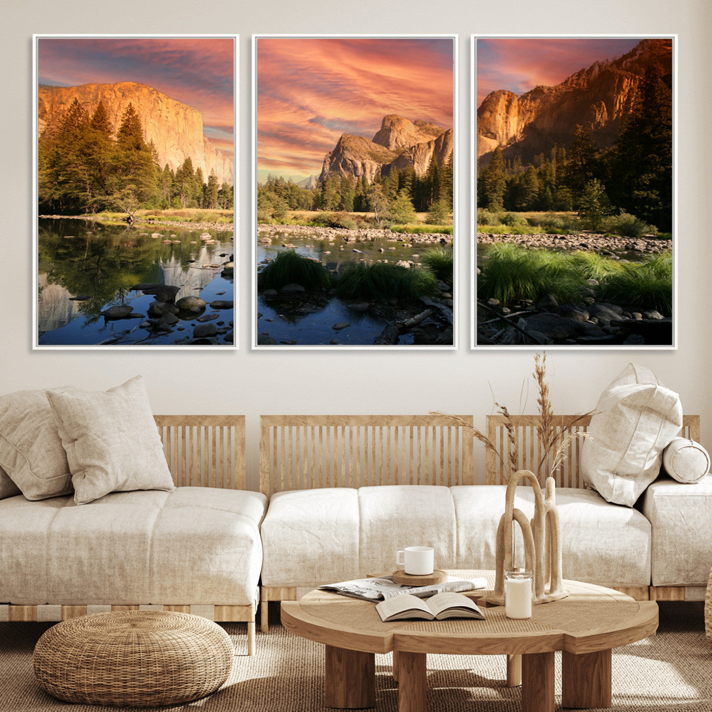 31199457-MGV-FC-60X30-3P_White-Yosemite Valley Wall Art Canvas Print, Framed El Capitan Art Picture Print, Sunset Sky Perfect Vibrant Western Decor Artwork