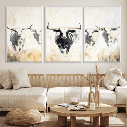 40397799-MGV-FC-60X30-3P_White-Texas Longhorn Wall Art Canvas Print, Framed Rustic Herd Art Picture Print, Western Bull Perfect Neutral Western Decor Artwork