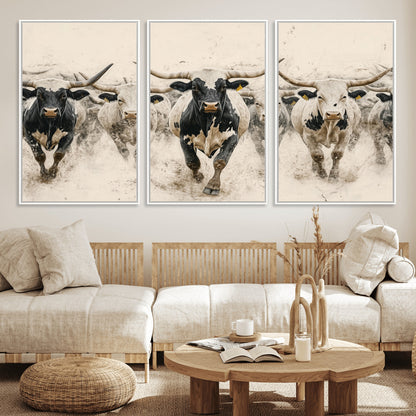 61538944-MGV-CV-36X24-Texas Longhorn Wall Art Canvas Print, Framed Cattles Walking Art Picture Print, Black White Bulls Perfect Rustic Western Decor