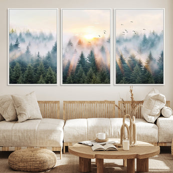 92718976-MGV-FC-60X30-3P_White-Misty Forest Wall Art Canvas Print, Framed Sunrise Pines Art Picture Print, Foggy Woodland Perfect Moody Woodland Decor Artwork