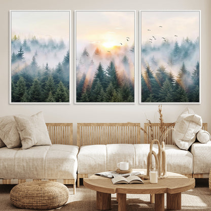 92718976-MGV-FC-60X30-3P_White-Misty Forest Wall Art Canvas Print, Framed Sunrise Pines Art Picture Print, Foggy Woodland Perfect Moody Woodland Decor Artwork