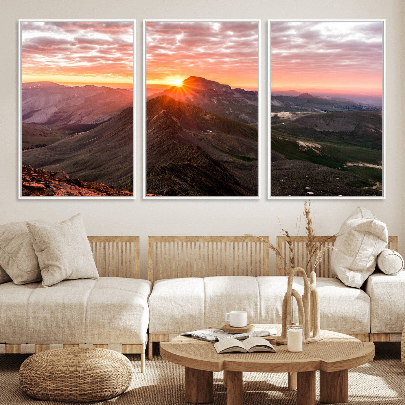 50957419-MGV-FC-60X30-3P_White-Mountain Sunrise Wall Art Canvas Print, Framed Alpine Ridge Art Picture Print, Mountain Range Perfect Vibrant Rustic Decor Artwork