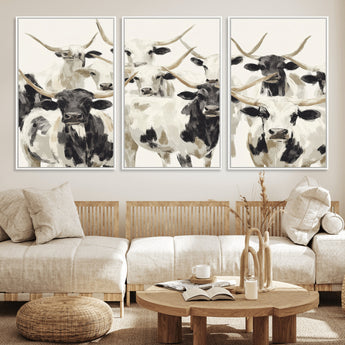 52947970-MGV-CV-36X24-Texas Longhorn Wall Art Canvas Print, Framed Cattle Herd Art Picture Print, Herd Portrait Perfect Modern Farmhouse Decor Artwork