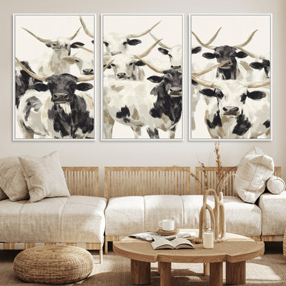 52947970-MGV-CV-36X24-Texas Longhorn Wall Art Canvas Print, Framed Cattle Herd Art Picture Print, Herd Portrait Perfect Modern Farmhouse Decor Artwork