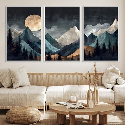 11060882-MGV-FC-60X30-3P_White-Moonlit Mountains Wall Art Canvas Print, Framed Forest Silhouette Art Picture Print, Night Landscape Perfect Modern Forest Decor