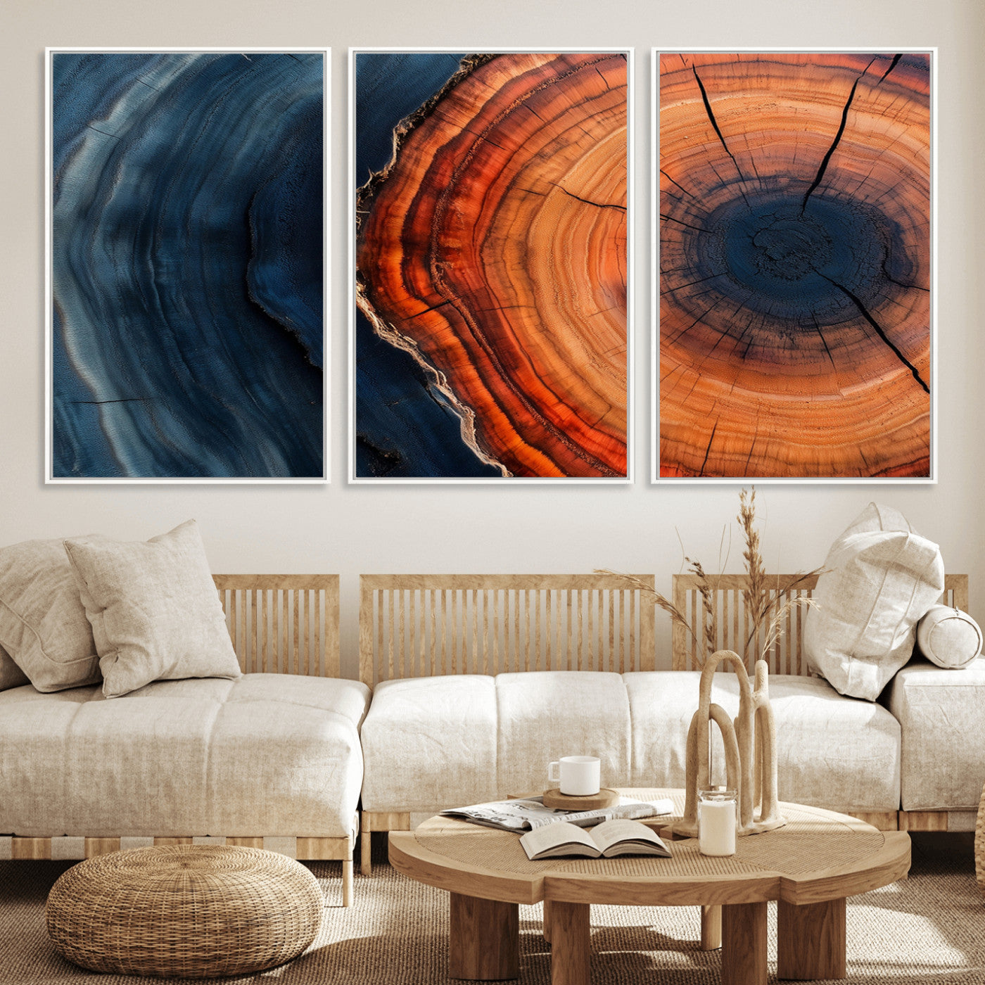 57732250-MGV-CV-36X24-Tree Ring Abstract Wall Art – Blue Orange Wood Grain Canvas Print, Modern Rustic Nature Artwork for Living Room, Office,