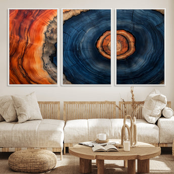 72209152-MGV-CV-36X24-Abstract Tree Ring Wall Art – Vibrant Blue Orange Wood Grain Canvas Print, Rustic Modern Nature Artwork for Living Room, Office,
