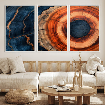 41123192-MGV-FC-60X30-3P_White-Tree Ring Canvas Wall Art – Abstract Blue Orange Wood Grain Print, Rustic Modern Nature Artwork for Living Room, Bedroom, Office