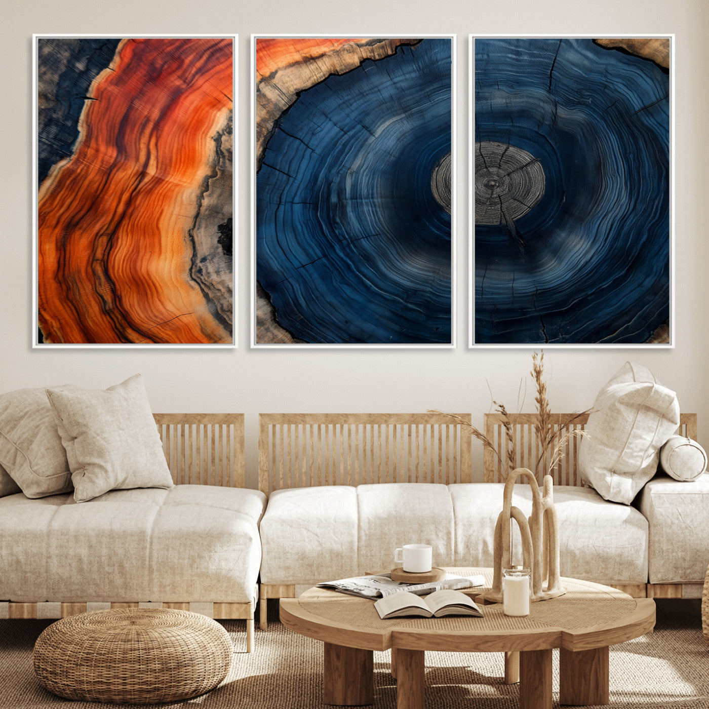 99491700-MGV-FC-60X30-3P_White-Tree Ring Canvas Wall Art – Blue Orange Abstract Wood Grain Print, Rustic Modern Nature Artwork for Living Room, Office, Bedroom