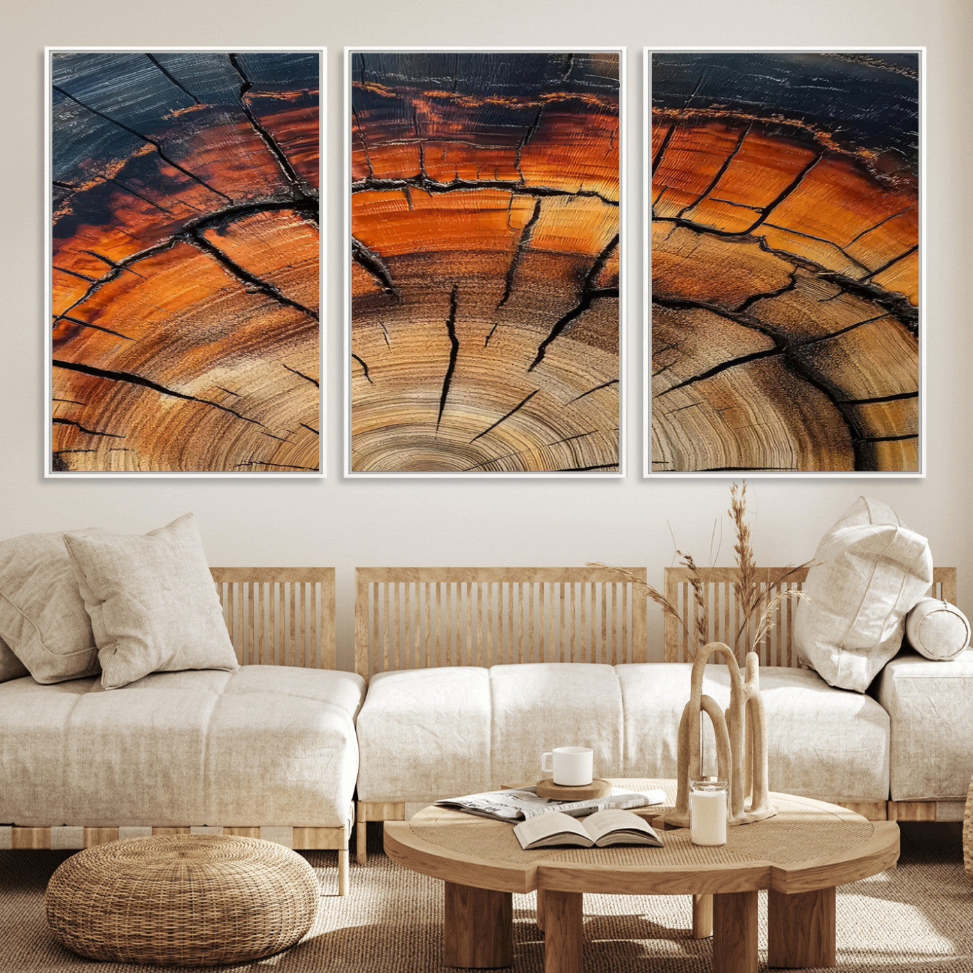 65909987-MGV-FC-60X30-3P_White-Rustic Tree Ring Wall Art – Nature Inspired Wooden Texture Canvas Print, Modern Abstract Artwork for Living Room, Bedroom, Office