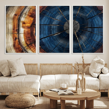 60099360-MGV-CV-36X24-Blue Tree Ring Wall Art – Rustic Wood Grain Canvas Print, Modern Abstract Artwork with Natural Texture for Living Room, Bedroom,