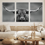 81228550-MGV-CV-36X24-Framed Texas Longhorn Bull Art Canvas Print, Western Bull Wall Art Print, Long Horn Bull Photo Print for Log Cabin, Large Bull