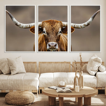 12179171-MGV-CV-36X24-Texas Longhorn Wall Art Canvas Print, Framed Brown Bull Art Picture Print, Lone Cattle Perfect Rustic Western Decor Artwork