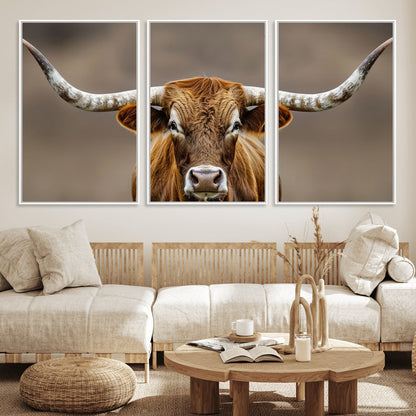 12179171-MGV-CV-36X24-Texas Longhorn Wall Art Canvas Print, Framed Brown Bull Art Picture Print, Lone Cattle Perfect Rustic Western Decor Artwork