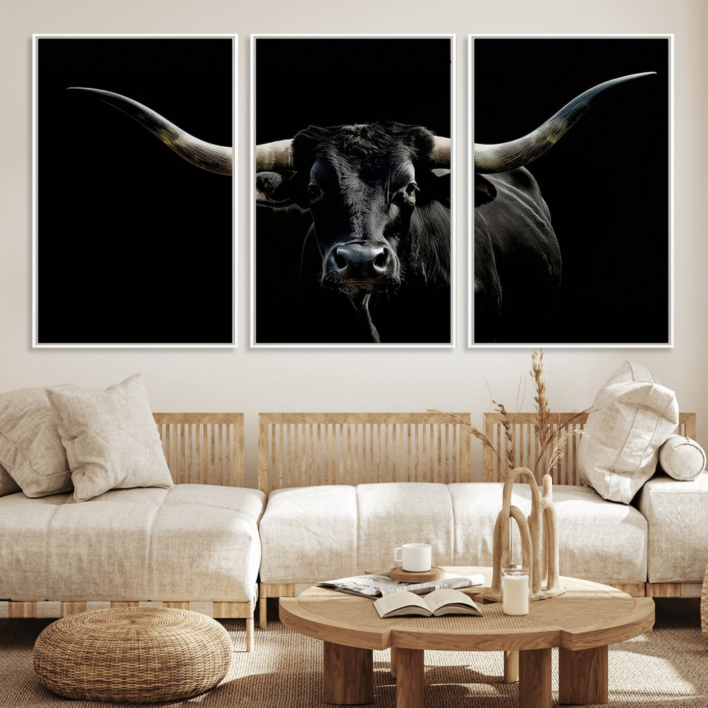 37531960-MGV-FC-60X30-3P_White-Black Longhorn Bull Wall Art – Dramatic Western Cattle Canvas Print, Rustic Farmhouse Animal Artwork for Living Room, Bedroom,