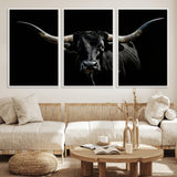 37531960-MGV-FC-60X30-3P_White-Black Longhorn Bull Wall Art – Dramatic Western Cattle Canvas Print, Rustic Farmhouse Animal Artwork for Living Room, Bedroom,