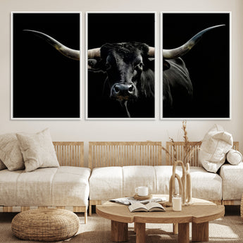 37531960-MGV-FC-60X30-3P_White-Black Longhorn Bull Wall Art – Dramatic Western Cattle Canvas Print, Rustic Farmhouse Animal Artwork for Living Room, Bedroom,