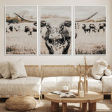 27497342-MGV-CV-36X24-Texas Longhorn Wall Art Canvas Print, Framed Speckled Cow Art Picture Print, Horned Cattle Perfect Rustic Western Decor Artwork