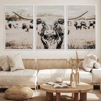 27497342-MGV-CV-36X24-Texas Longhorn Wall Art Canvas Print, Framed Speckled Cow Art Picture Print, Horned Cattle Perfect Rustic Western Decor Artwork