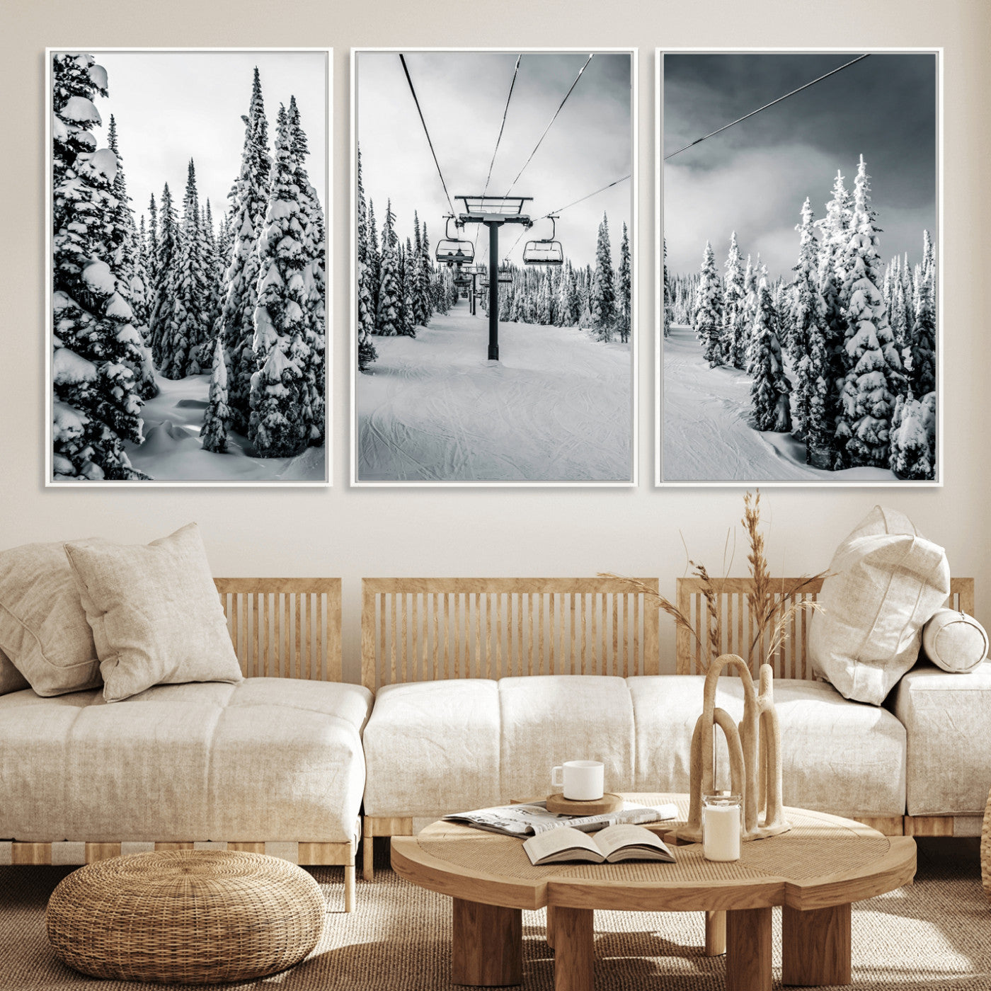 31156828-MGV-FC-60X30-3P_White-Snowy Pines Wall Art Canvas Print, Framed Ski Lift Art Picture Print, Winter Forest Perfect Moody Lodge Decor Artwork