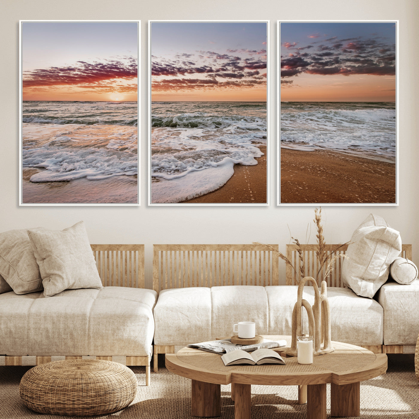 39846389-MGV-CV-36X24-Ocean Sunset Wall Art Canvas Print, Framed Sandy Shore Art Picture Print, Gentle Waves Perfect Minimalist Coastal Decor Artwork