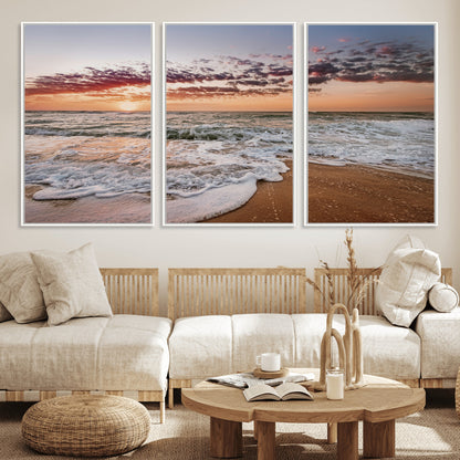 39846389-MGV-CV-36X24-Ocean Sunset Wall Art Canvas Print, Framed Sandy Shore Art Picture Print, Gentle Waves Perfect Minimalist Coastal Decor Artwork