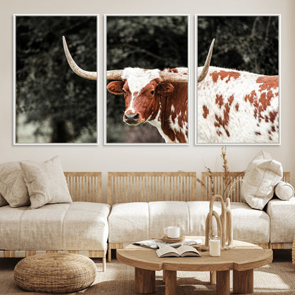 54027638-MGV-FC-60X30-3P_White-Texas Longhorn Wall Art Canvas Print, Framed Spotted Cow Art Picture Print, Horned Bull Perfect Rustic Western Decor Artwork