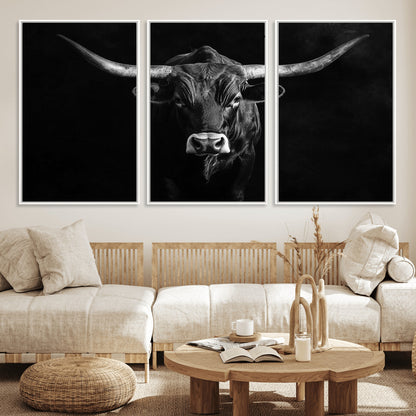 42077175-MGV-FC-60X30-3P_White-Texas Longhorn Wall Art Canvas Print, Framed Monochrome Bull Art Picture Print, Horned Bull Perfect Rustic Western Decor Artwork