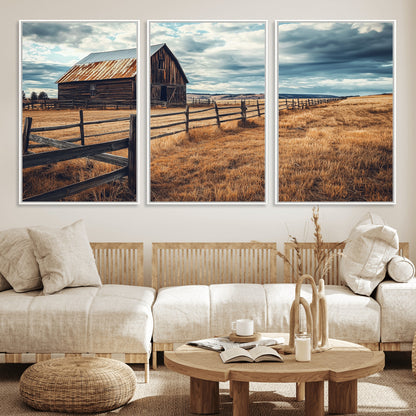 69356982-MGV-FC-60X30-3P_White-Old Barn Wall Art Canvas Print, Framed Rustic Fence Art Picture Print, Wooden Farmhouse Perfect Rustic Farmhouse Decor Artwork