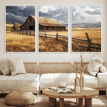 38758826-MGV-FC-60X30-3P_White-Rustic Barn Wall Art Canvas Print, Framed Moody Barn Art Picture Print, Golden Field Perfect Rustic Farmhouse Decor Artwork