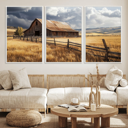 38758826-MGV-FC-60X30-3P_White-Rustic Barn Wall Art Canvas Print, Framed Moody Barn Art Picture Print, Golden Field Perfect Rustic Farmhouse Decor Artwork