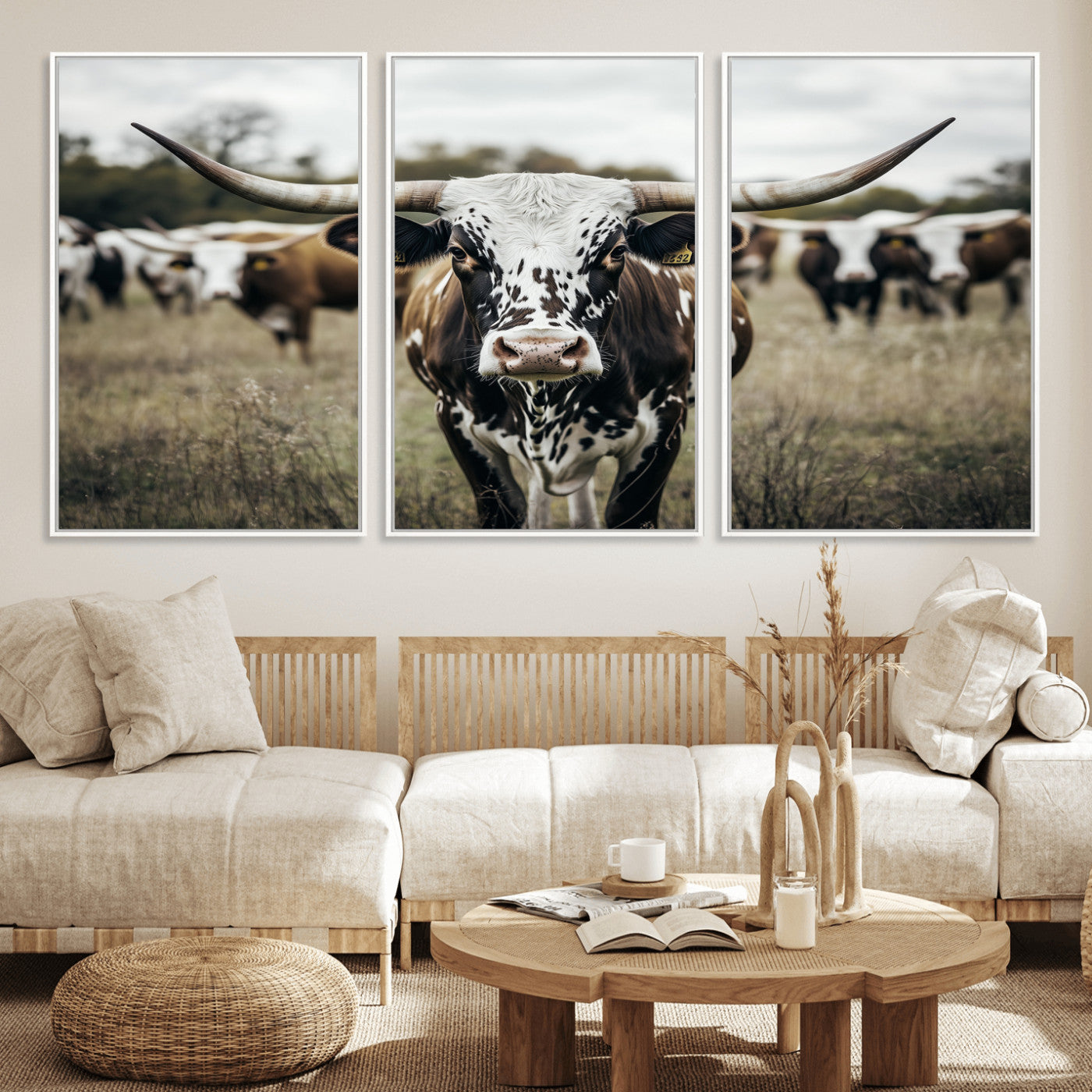 79025945-MGV-CV-36X24-Texas Longhorn Wall Art Canvas Print, Framed Speckled Cow Art Picture Print, Horned Cattle Perfect Rustic Western Decor Artwork