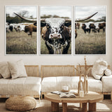 79025945-MGV-CV-36X24-Texas Longhorn Wall Art Canvas Print, Framed Speckled Cow Art Picture Print, Horned Cattle Perfect Rustic Western Decor Artwork